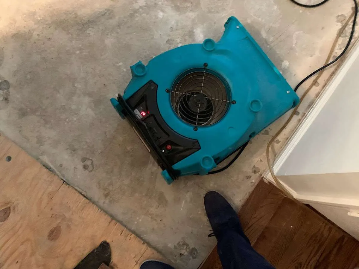 Air mover drying subfloor during Commercial Water Damage Restoration in Depew